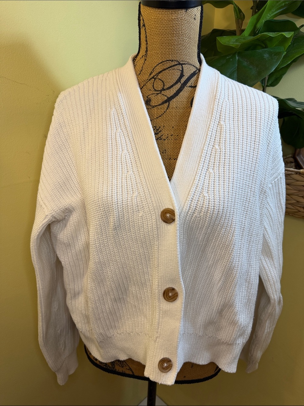 Quince Ivory Ribbed V-Neck Button Cardigan